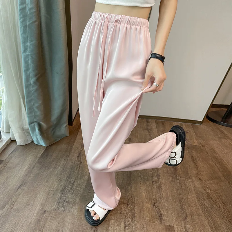 

Широкие брюки из ледяного шелка для женщин, летние, тонкие, с высокой талией, драпированные, облегающие, маленький размер, солнцезащитные, черные, узкие прямые брюки