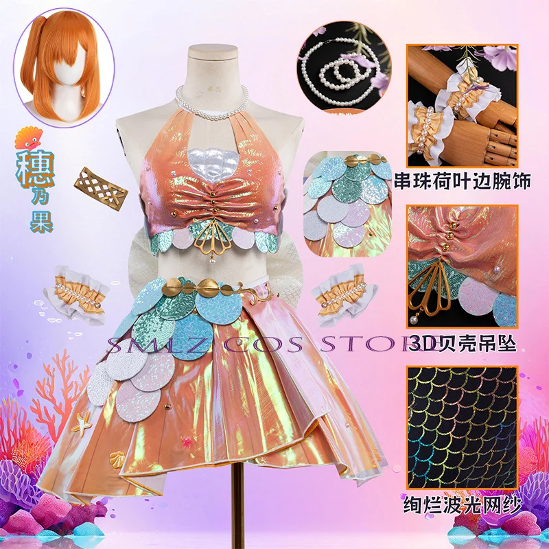Costume de cosplay Honoka Kousaka de Mermaid Carnival pour femme, uniforme orange brillant, jupe, accessoires, perruque, tenue de fête d'Halloween
