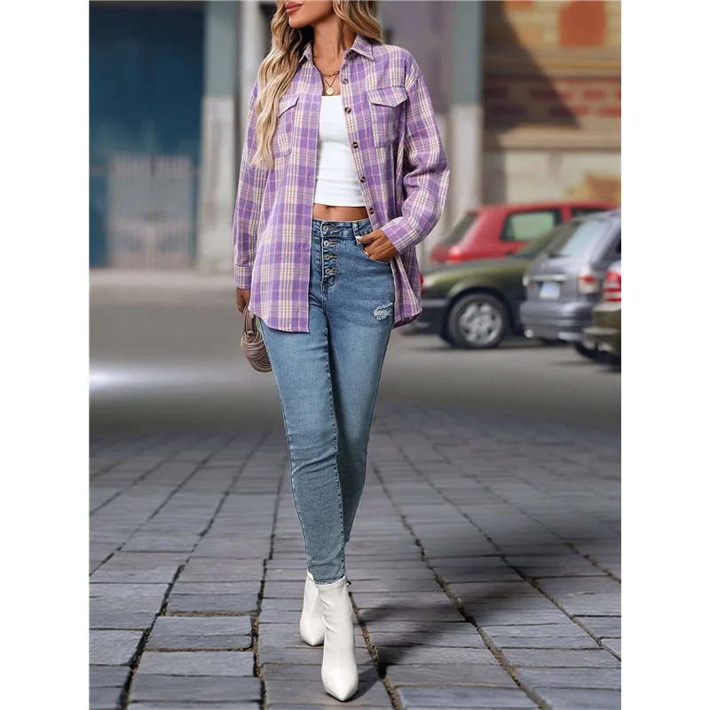 

Women's Button Down Shirt Plaid Shirt Long Sleeve Lapel Business Casual Tops Work Shirt