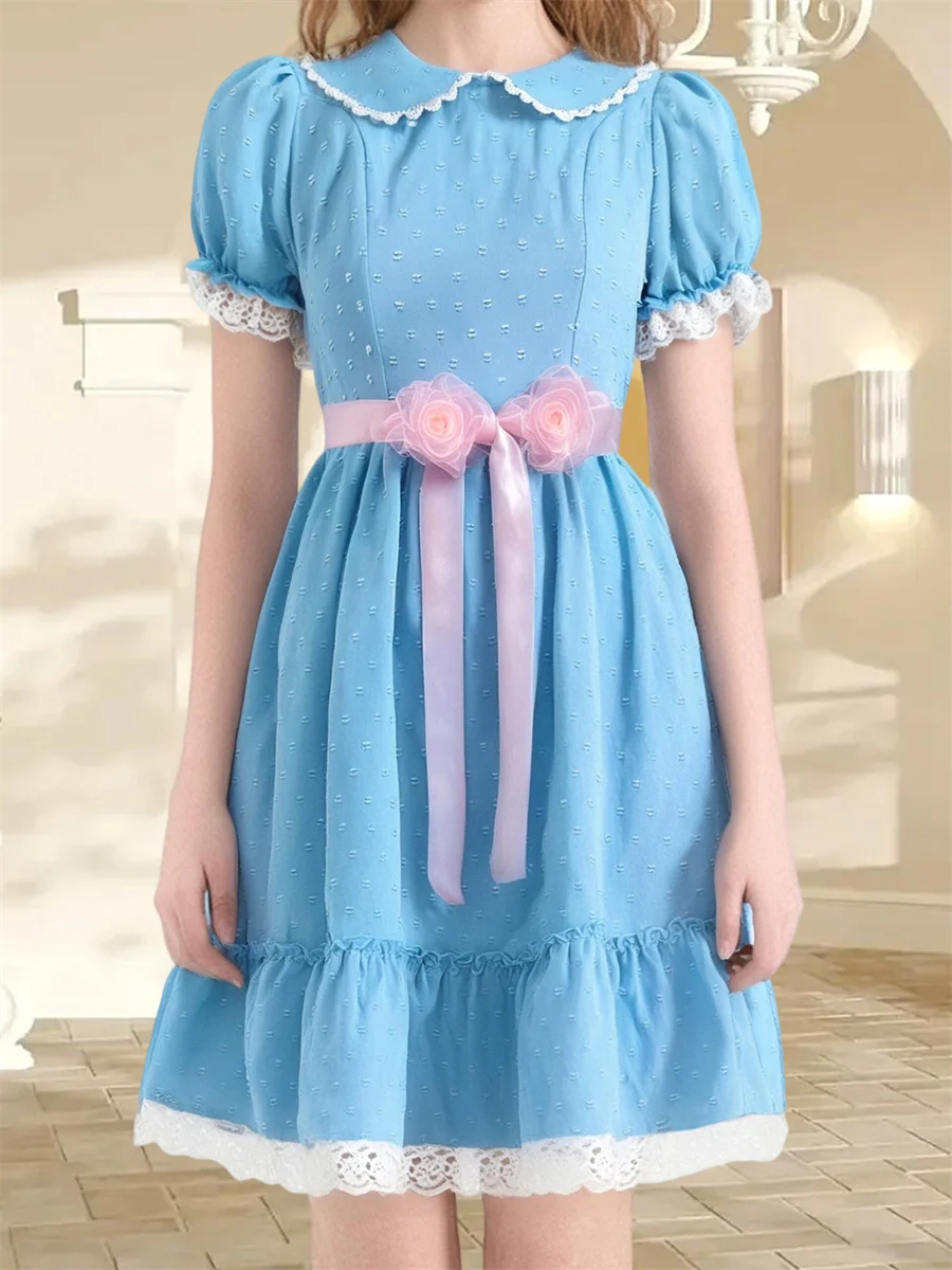 فستان الأميرة الحلو للسيدات Kawaii Harajuku فستان قصير بأكمام منتفخة وياقة الدمية من الدانتيل على شكل حرف A مع حزام زهري