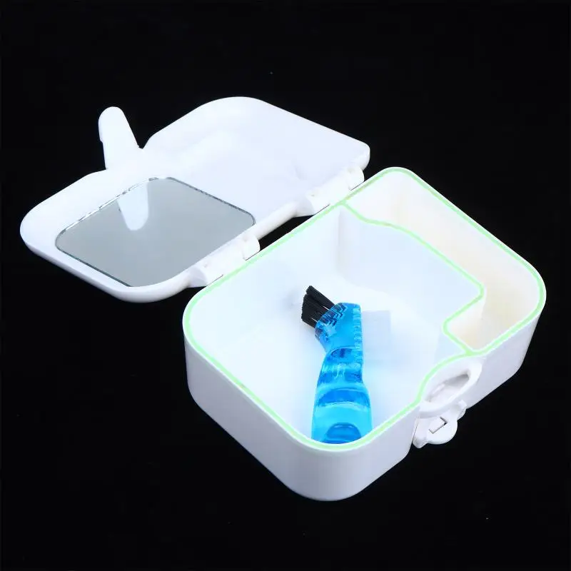 Denture Storage Box Kit Sturdy Odorless with Mirror Cleaning Brush Lightweight for Travel Home Elderly Care
