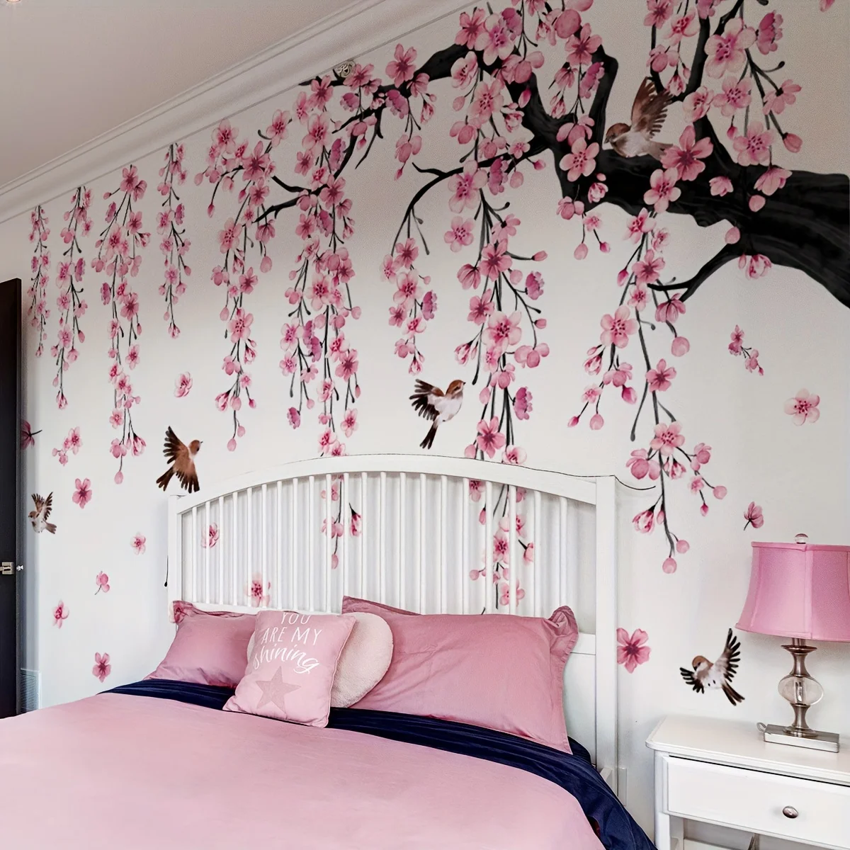 Set of 4(30 x 90 cm, 4 pieces)Creative Pink Peach Blossom Tree with Birds and Falling Petals Bathtub Wall Decals for Living Room
