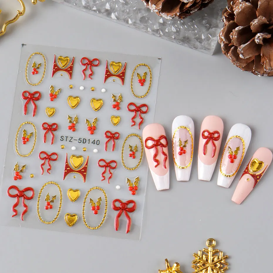 1/2 قطعة 5D لطيف تنقش Bowknot القلب المنزلق لمسمار Kawaii هولي ليف الذهبي الحب تصميم ملصق الفرنسية مانيكير اكسسوارات