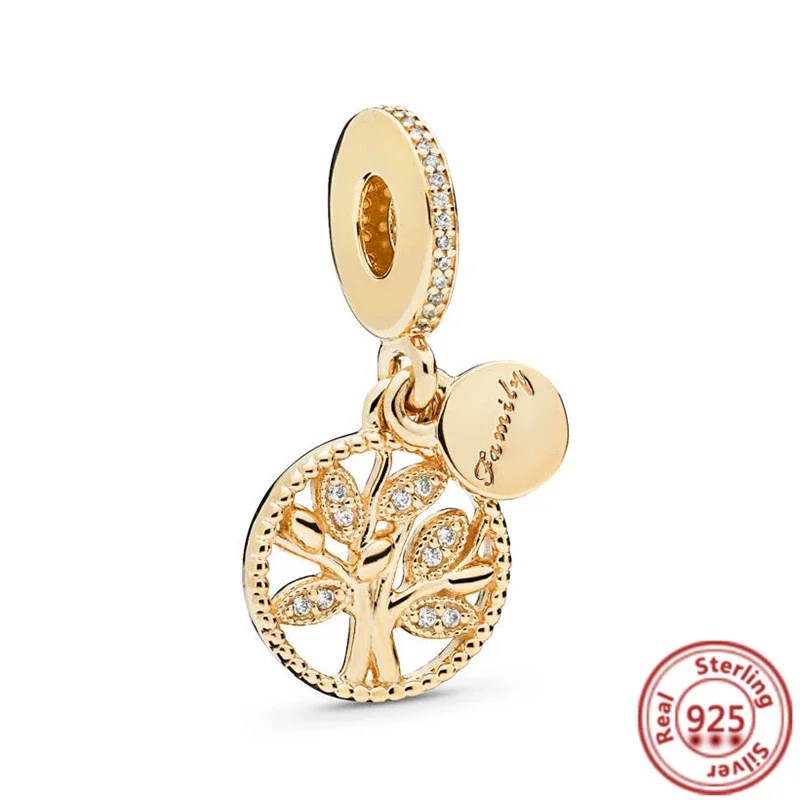 925 Sterling Silver Golden Charm Crown albero genealogico catena di sicurezza perline vuote per bracciali Pandora originali gioielli donna fai da te