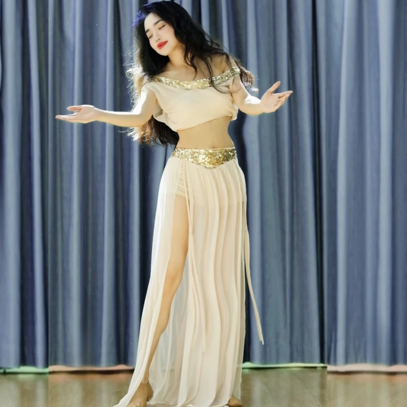 

New Belly Dancer Costume Women Popsong Set Long Sleeves Top+Sexy Long Skirt 2pcs for Girl's Oriental Belly Dancing Practice Suit