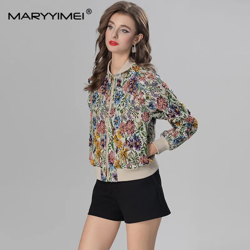 MARYYIMEI Fashion design Women's Coat Autumn and Winter Stand Collar Long Sleeve Floral pattern Loose Waist Short Overcoat