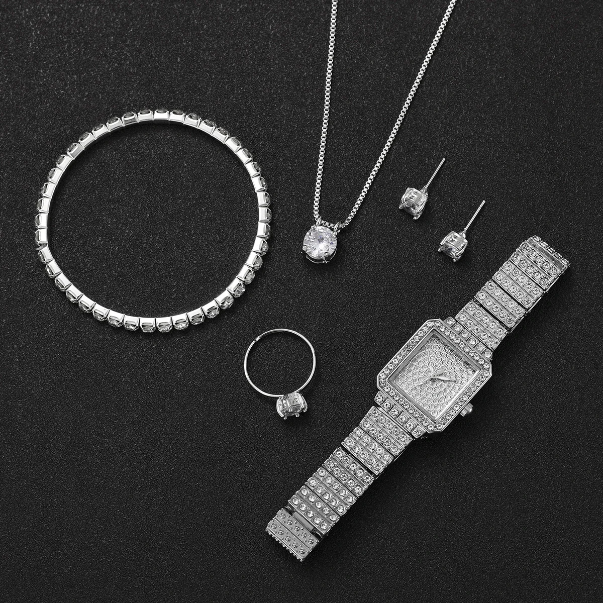 Mulheres Relógio completo de quartz de diamante, conjunto de joias feminino, pulseira prateada, luxo, sem caixa,