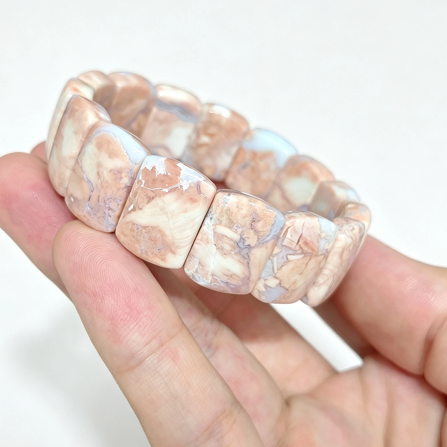 Natural Pink Agate Gemstone Plate Bracelet Smooth Pink Cream Lace Swirl Slab Cuff Wrist Jewelry Gift Present Random Dispatch