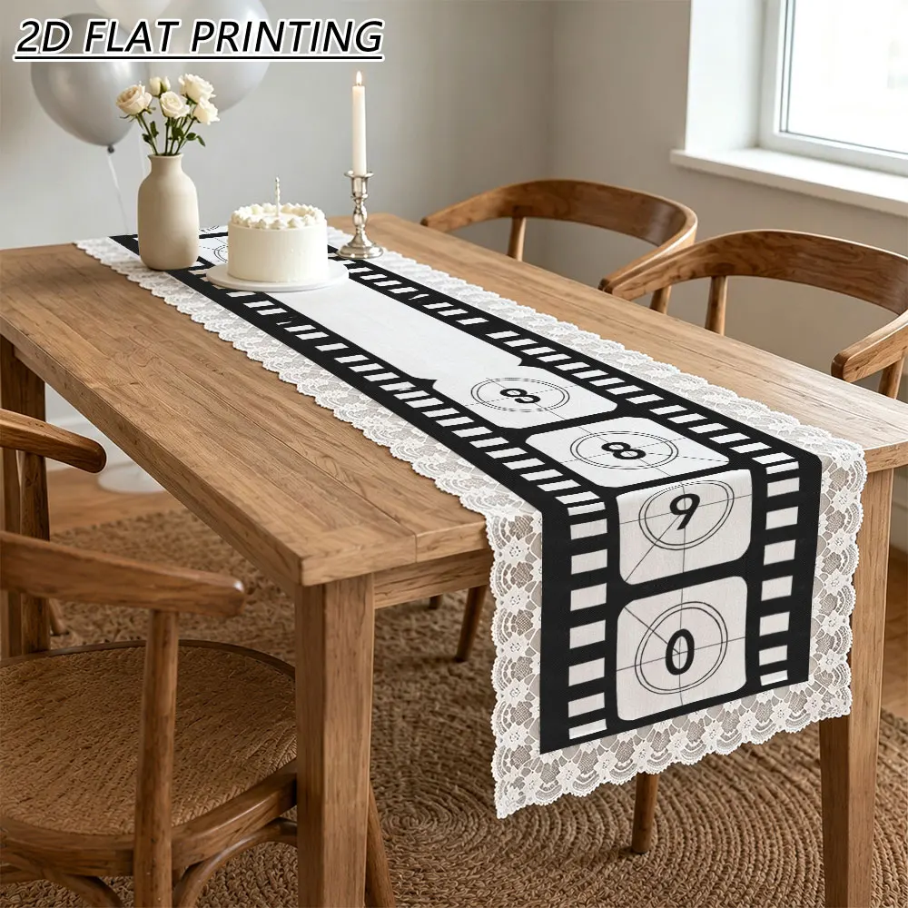 1pc Vintage Film Strip Pattern Tulle Lace Table Runner For Party Event Dining Table