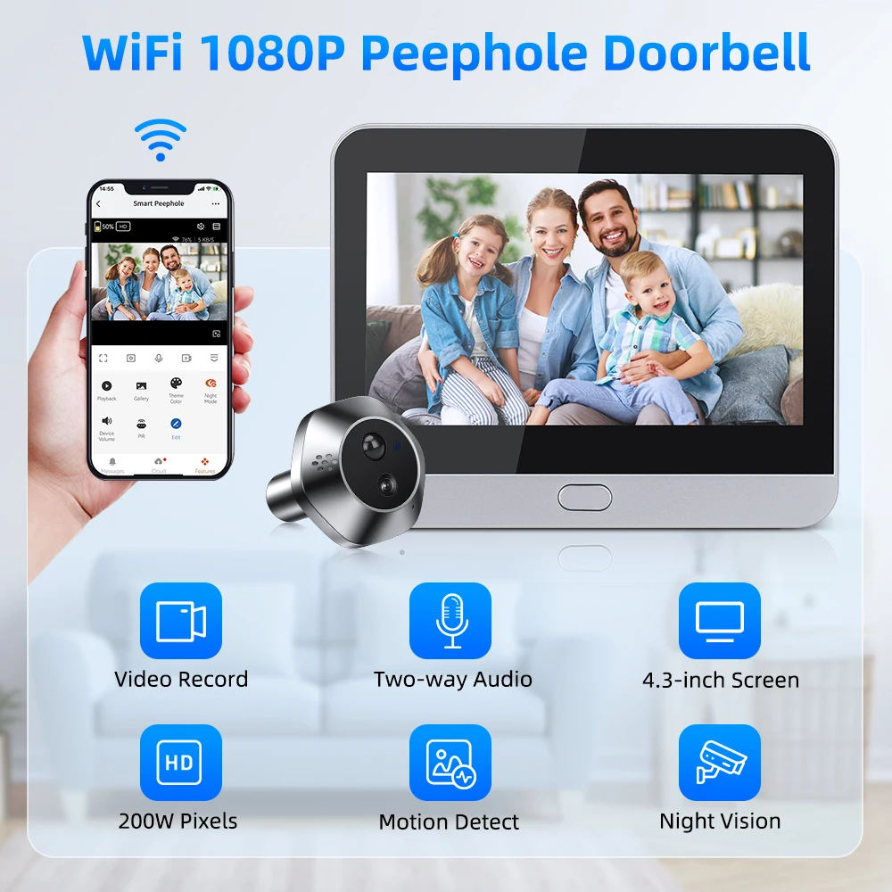 Wsdcam 140° Wide Angle Door Peephole Camera One Way intercom Video Eye Motion Detection Wifi Doorbell Camera 5000mAh Battery