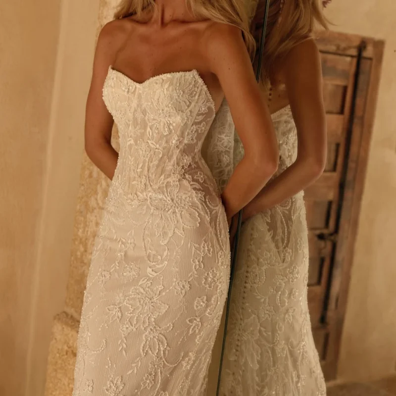 Ivory White Wedding Dresses Glitter Decal Skirt Long Tail Mermaid Skirt Layered Made Wedding Dress Bridal Gown Customize