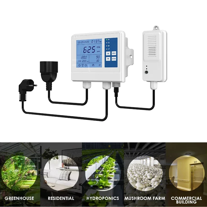 Mushroom CO2 controller for hydroponic growth system, growth and temperature and humidity control, exhaust fan and humidifier