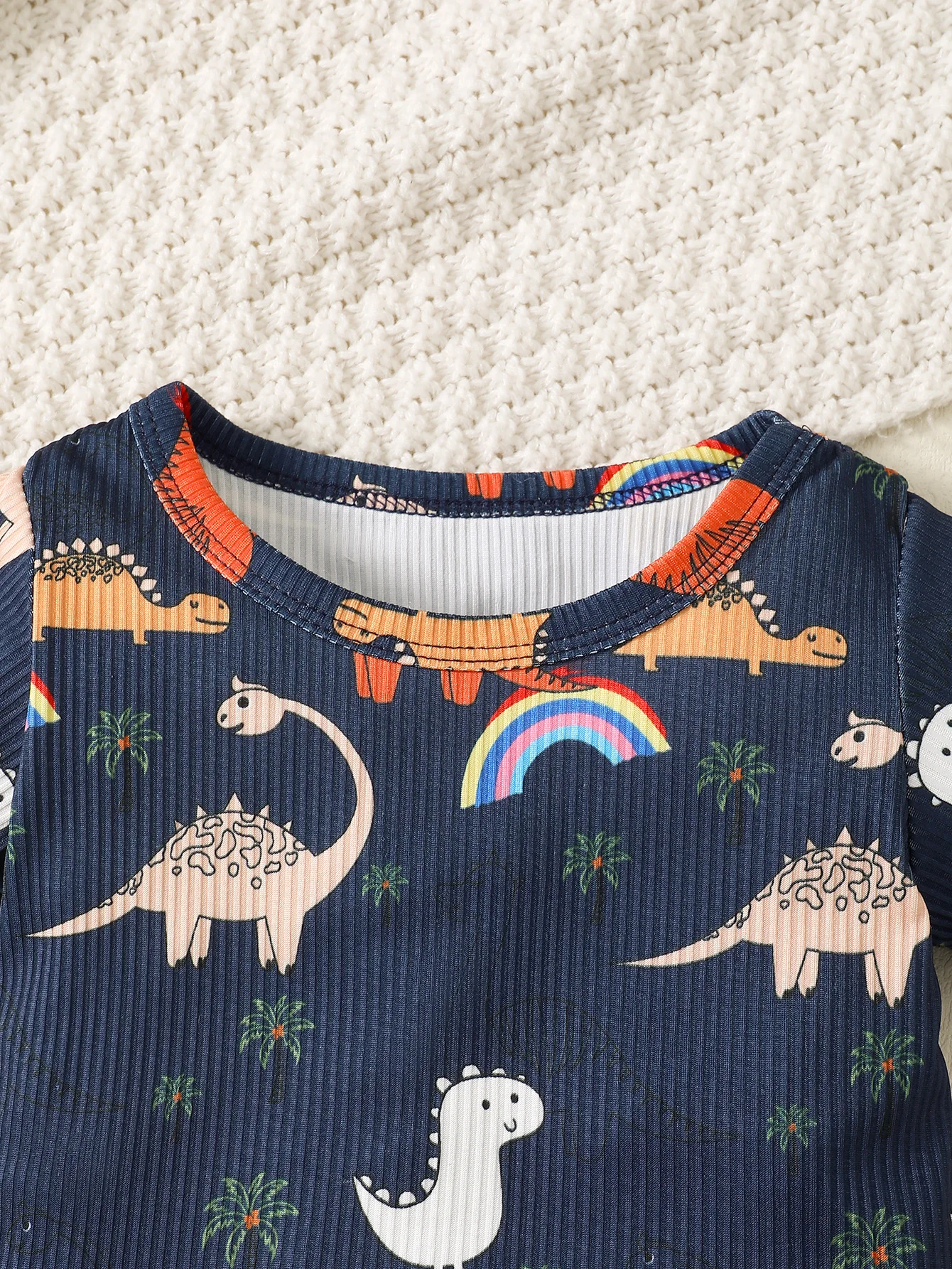 Summer Baby Boy Cute Cartoon Dinosaur Rainbow Print Casual Suit Round Neck Short Sleeve Top Elastic Waist Comfortable Pants