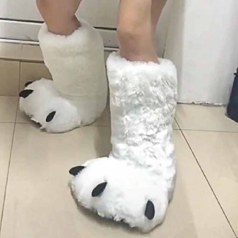 Fashion snow white platform slippers winter warm fur shoes designer bear paw home gift slippers for wife and husband