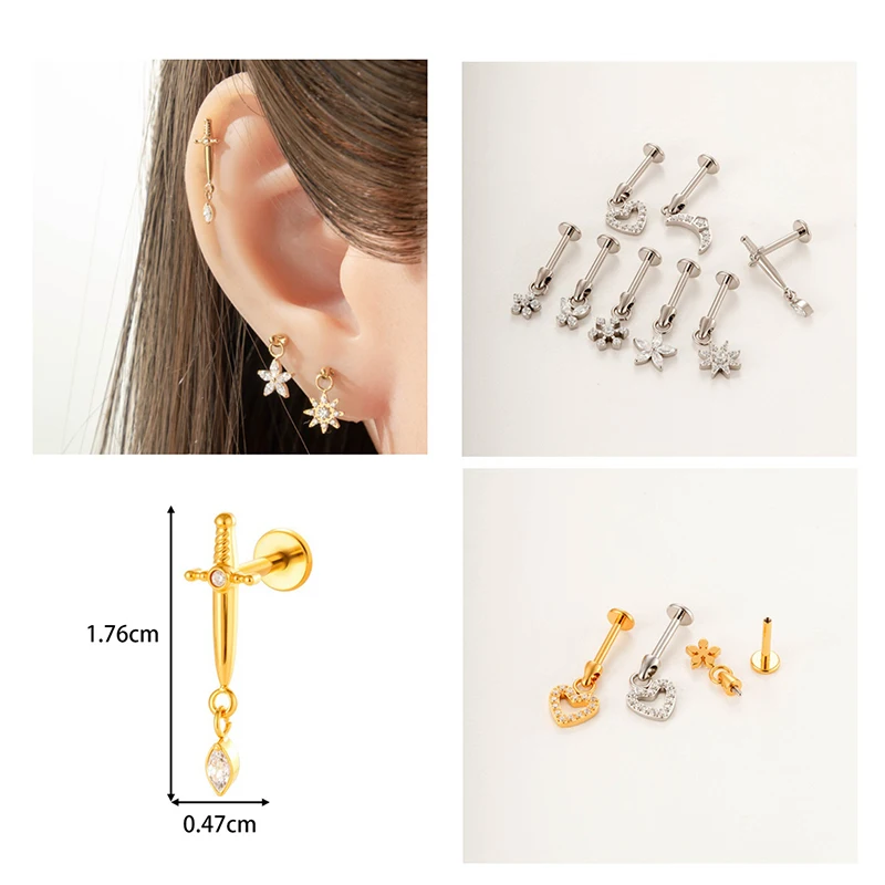 

1PC G23 Titanium Stud Earrings Internal Thread Flat Back Zircon Horse's Eye Pendant Daith Conch Labret Lip Stud Piercing Jewelry