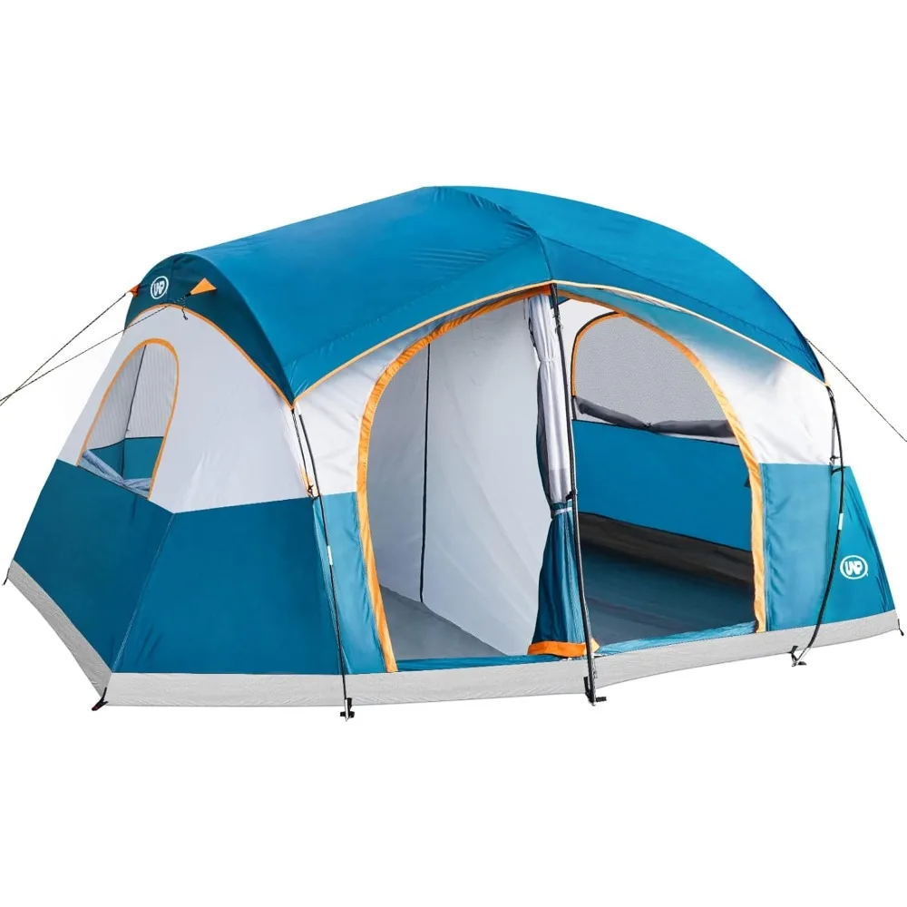 

UNP Camping Tent 8/9 Person, Family Camping Tent, 5 Large Ventilation Mesh Windows, 14'x14'x78 inches Tall with Dividers Curtain