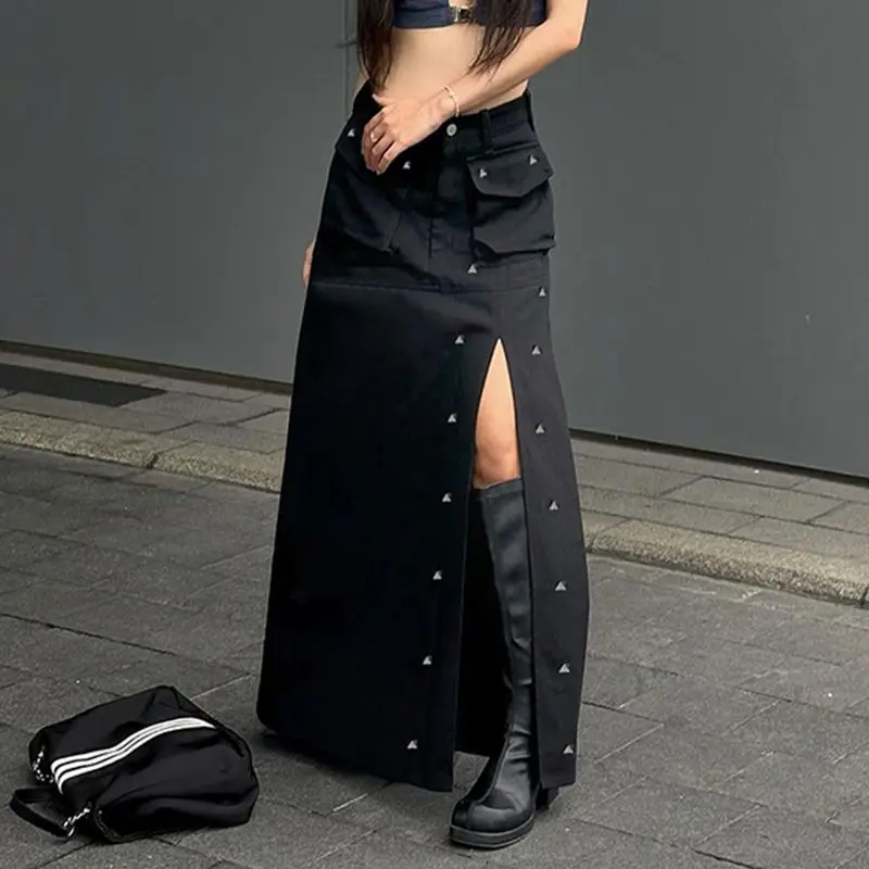 Line Maxi Skirts High Quality Gothic Pockets Rivet Split Skirt Dark Solid Mid-Waisted A-Women 2024 Fashion Streetwear Skirt