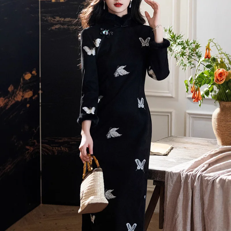 Butterfly Embroidery Women Qipao Elegant Satin Cheongsam Mao Mandarin Collar Evening Party Dress Vintage Button Vestidos