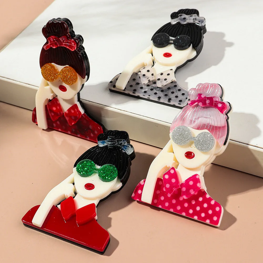 Fashion Splicing Acrylic Glasses Girl Brooches for Women Cartoon Beauty Lady Figure Badge Lapel Pins Casual Jewelry Accessories