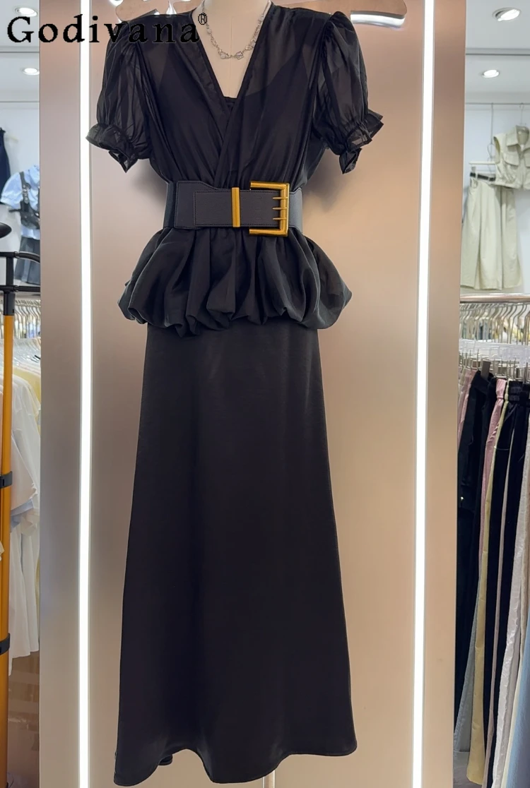 

Summer New Korean Chic Sexy Girl Puff Short Sleeve Shirt Women's Slim Satin High Waist Suspender Dress Trendy Two-piece Sets