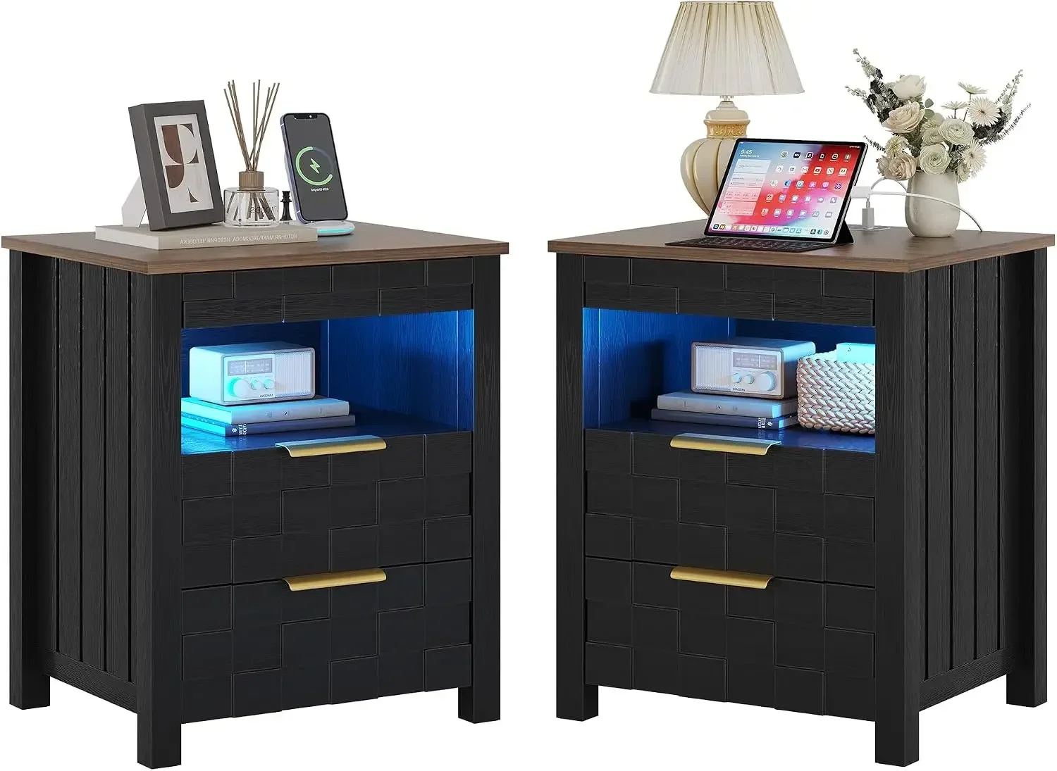 Stand Set of 2 with Charging Station & 3 Drawers | Smart 3-Color Motion Sensor LED Lights, Hidden Safe Compartment
