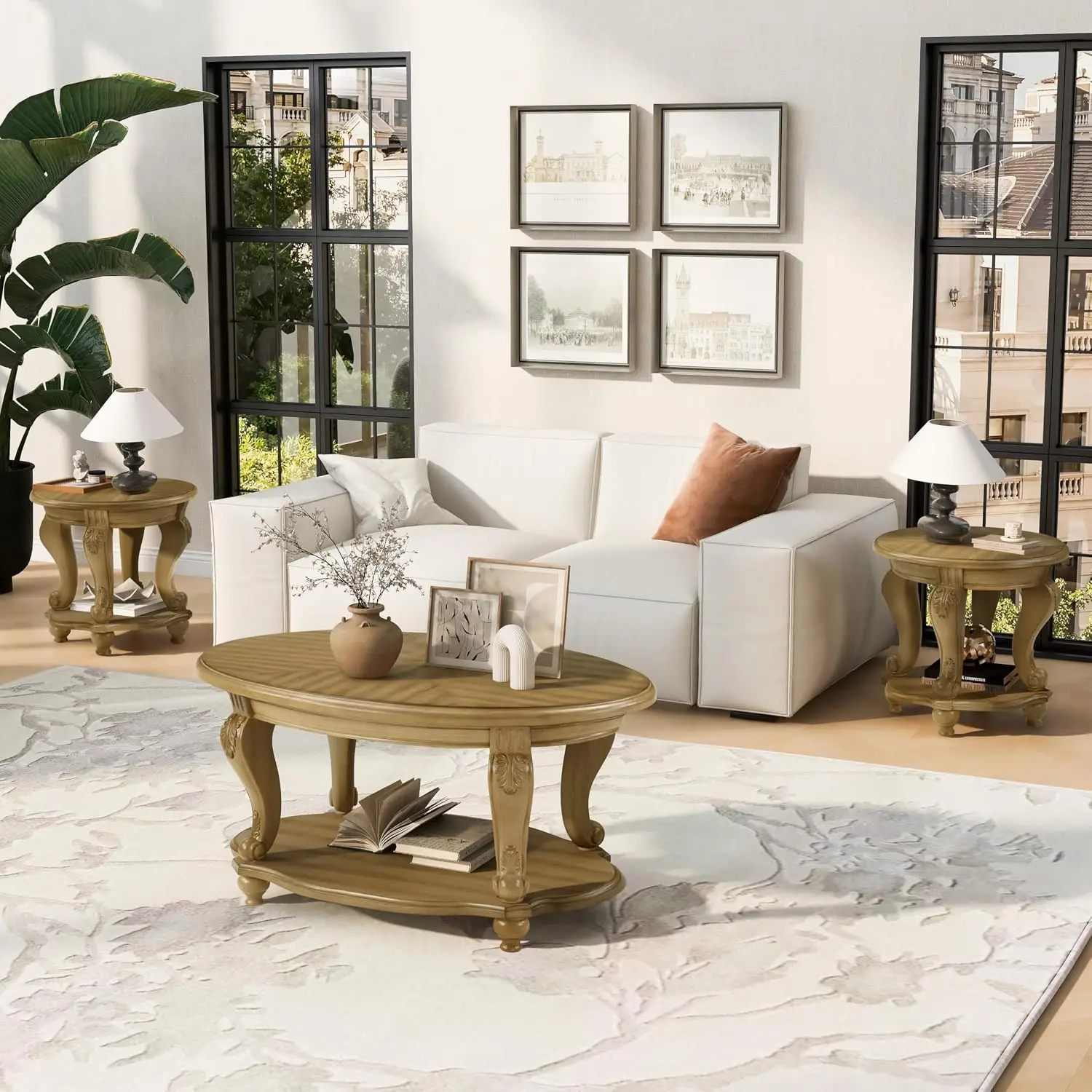 Solid Wood Coffee Table Set 3 Living Room Nesting Tables with 2 End Side Tables Easy Assembly Antique Natural Finish, Customized