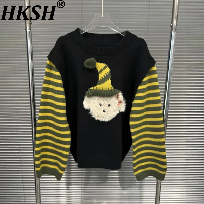 

HKSH осенний новый женский пуловер, свитер с круглым вырезом в полоску, контрастный цвет, мультяшная нашивка, корейский милый шикарный вязаный топ HK12062