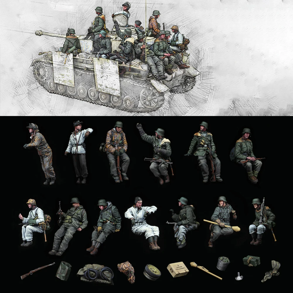 Kit de figurines en résine non peintes, thème militaire, soldats de la Seconde Guerre mondiale (13 personnes sans réservoir), GK non assemblé et non peint, 1/35