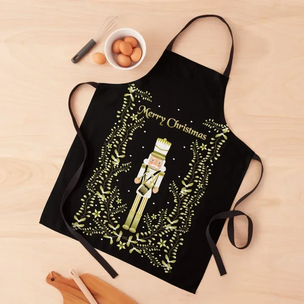

Merry Christmas White and Gold Nutcracker vintage greeting card style design Apron For Women Women Kitchen'S painters Apron