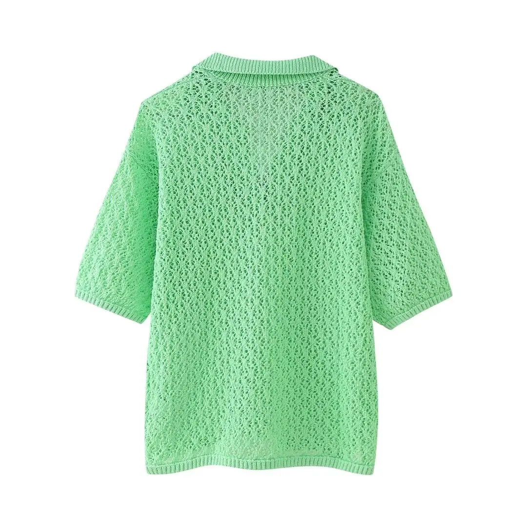 TRAFZA 2024 Women Spring Summer Casual Knitted Sweater POLO Half Sleeve Jacquard Mesh Sweater Pullover Loose Fashion Women Tops