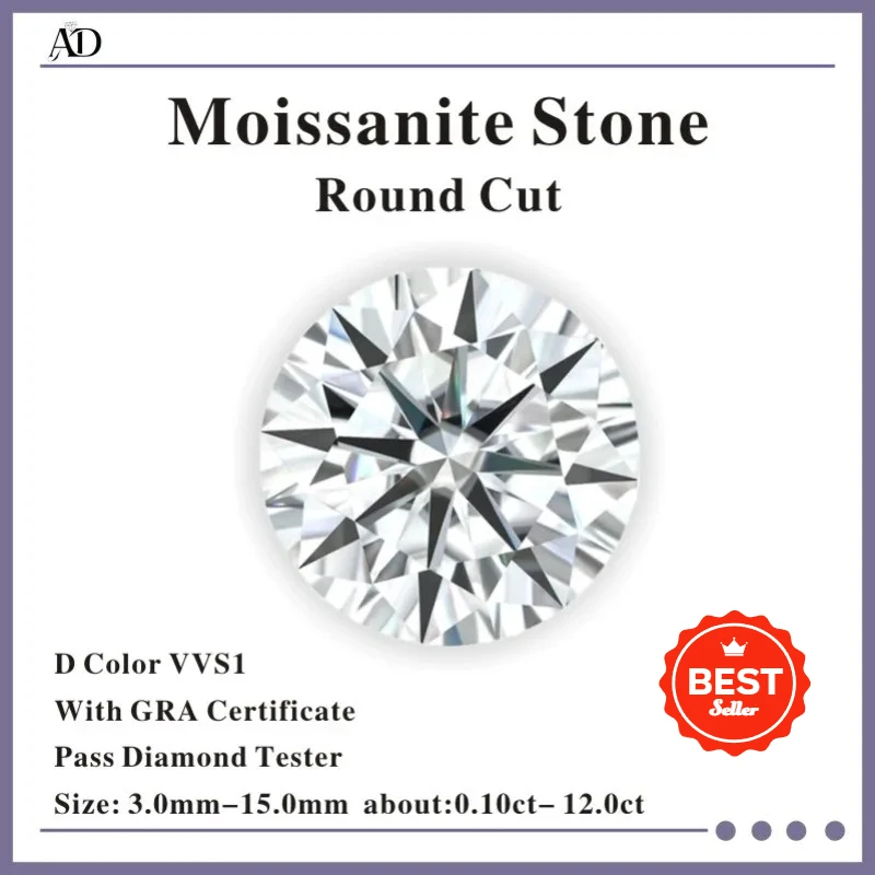 

Moissanite Stone VVS1 D Color Round Cut 0.10ct-12.0ct Wholesale Loose Gemstones Pass Tester with GRA Certificate