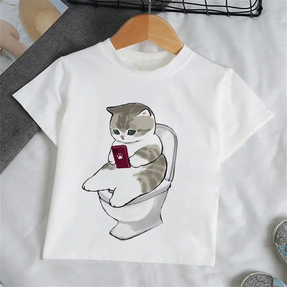 Kid Short Sleeve T Shirt Cute Tabby Cat With Eggplant Hat Japanese Lucky Text Print Cartoon Graphic Casual Boys Girls Summer Top
