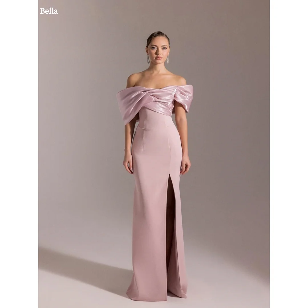 

Bella Customized Blush Off Shoulder Bow Decor Satin robes de soirée High Slit Mermaid Long Gown Elegant Party Dresses Stylish