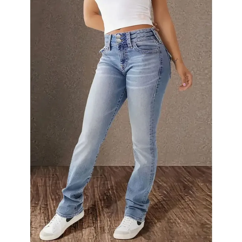 

Женские джинсы Y2k Джинсы Синие джинсовые брюки Прямые брюки из эластичной ткани Slim Fit с высокой талией в стиле ретро Повседневная одежда