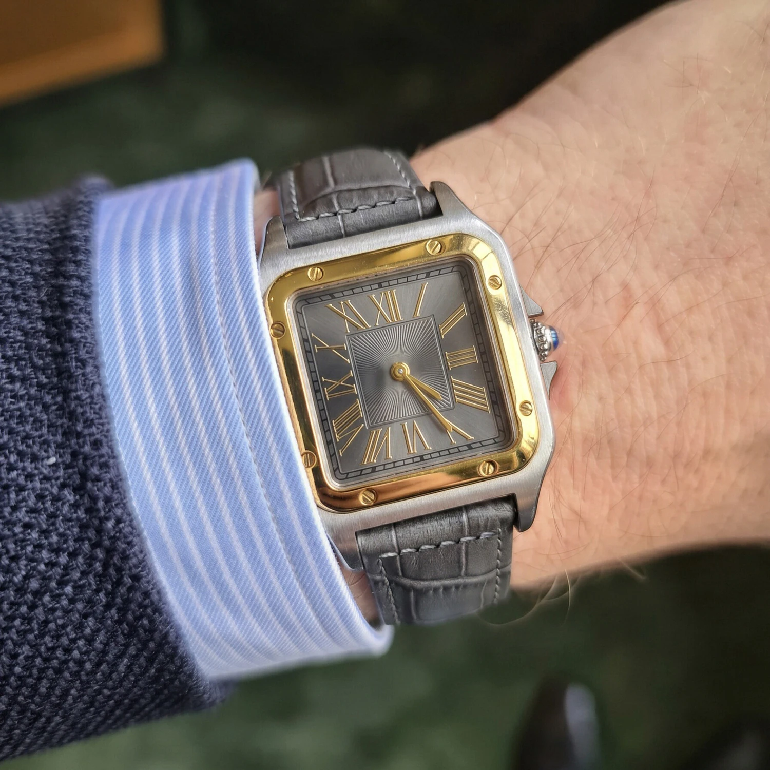 CILOA Luxury Square Roman Numeral Mens Wristwatch Two Tone Case Gray Leather Strap Elegant Daily Dress Quartz Watch