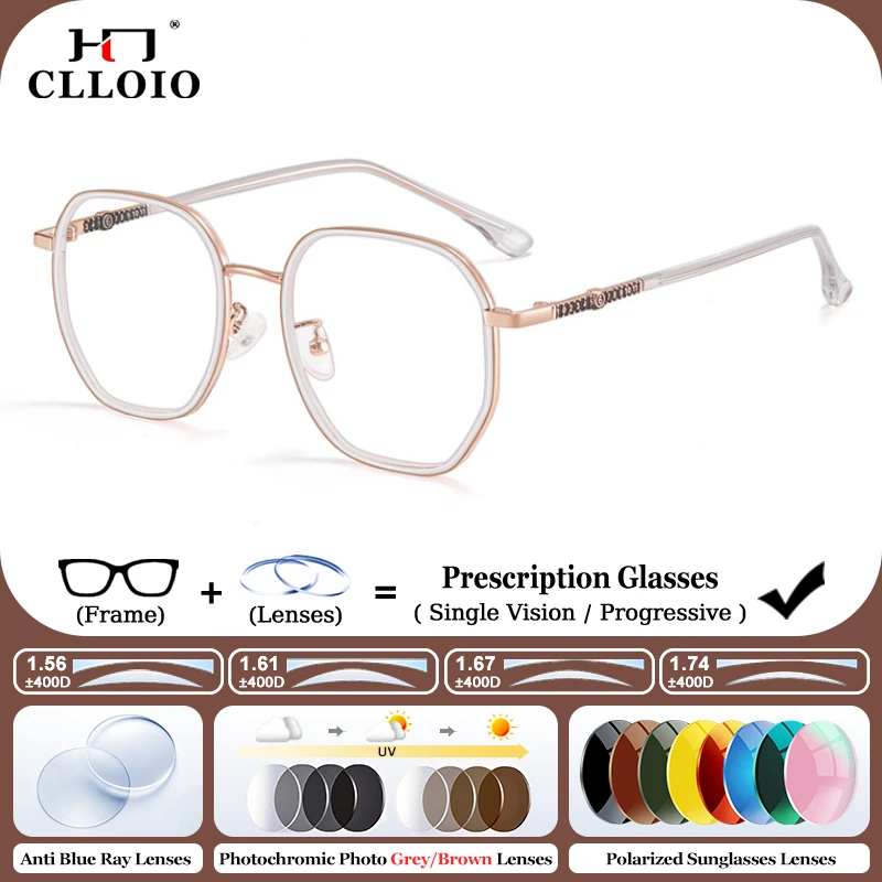 

CLLOIO New Fashion Prescription Multifocal Glasses Women Anti Blue Light Photochromic Custom Eyewear Polygonal Myopia Eyeglasses