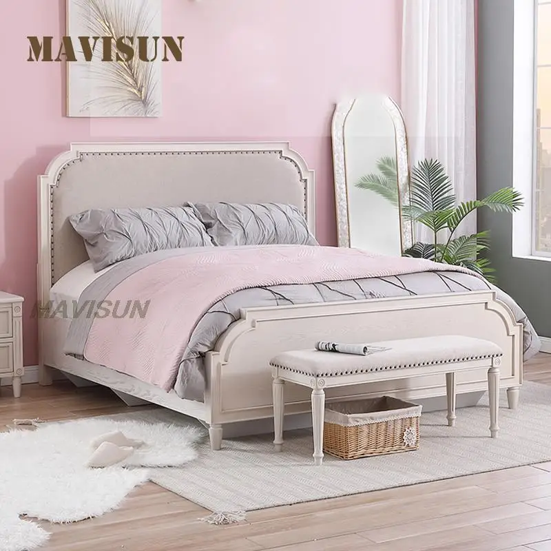 

Light Luxury Solid Wood Bed Soft Cover Double 1.8m Fabric Bed American White Princess Bed Master Bedroom Furniture Combination