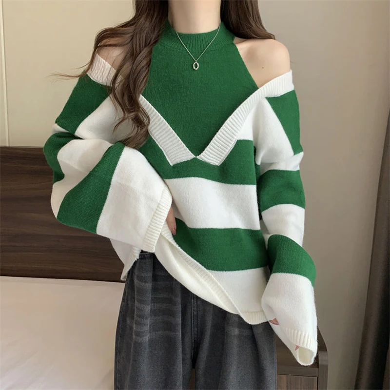 Y2K Streifen Halter Frauen Pullover Koreanische Gestrickte Lose Patchwork Weibliche Pullover Herbst Adrette Alle Spiel Chic Damen Tops