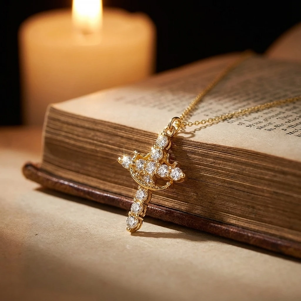 Luxus Zirkonia Kreuz Halskette für Frauen Gold Farbe Kristall Anhänger Halsband Versprechen Schmuck Bling Zubehör Party Geschenk – Detail 5