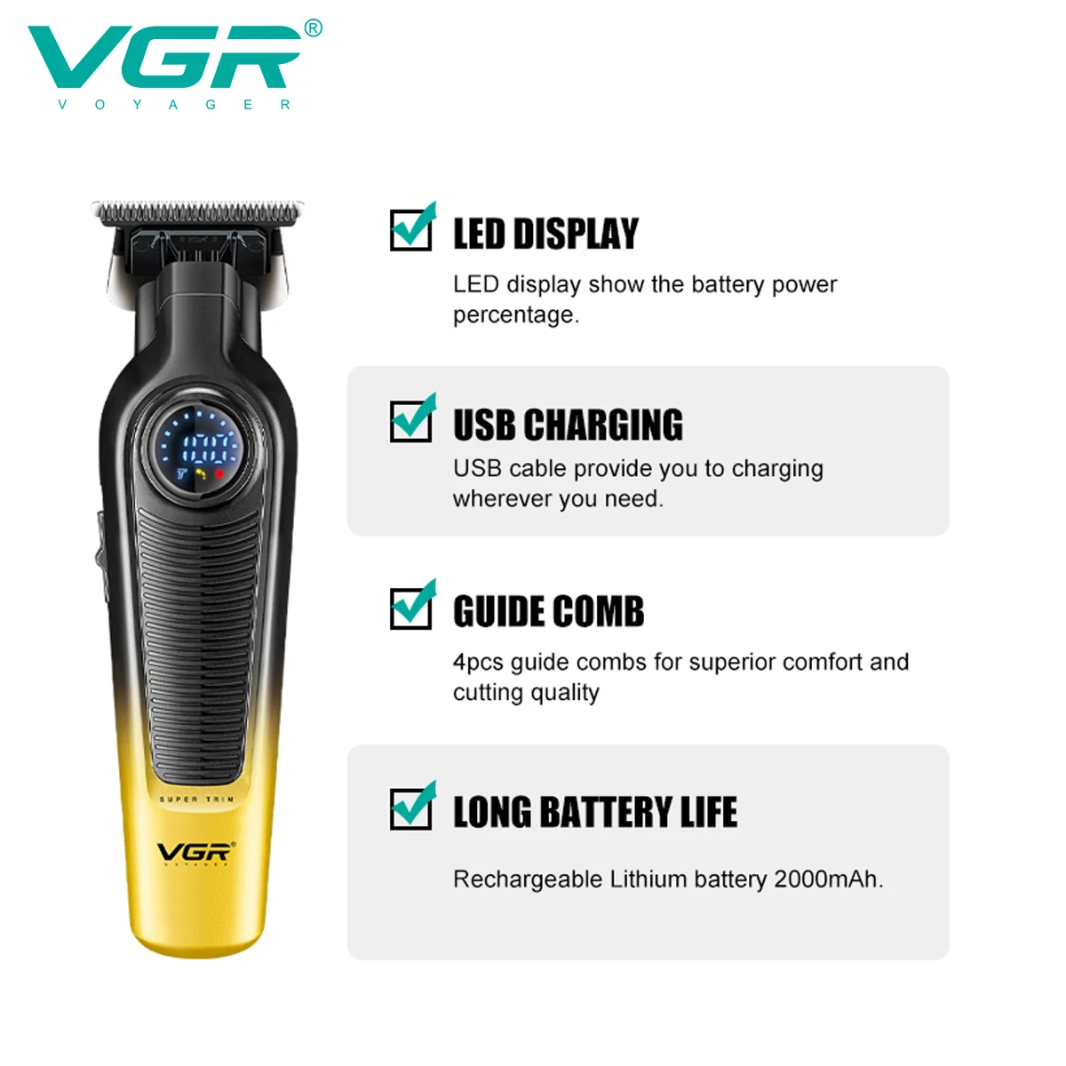 VGR Hair Trimmer Professional Clippers Barber Cordless Clippers Electric Hair Cutting Machine LED Trimmer for Men V-996 V-196