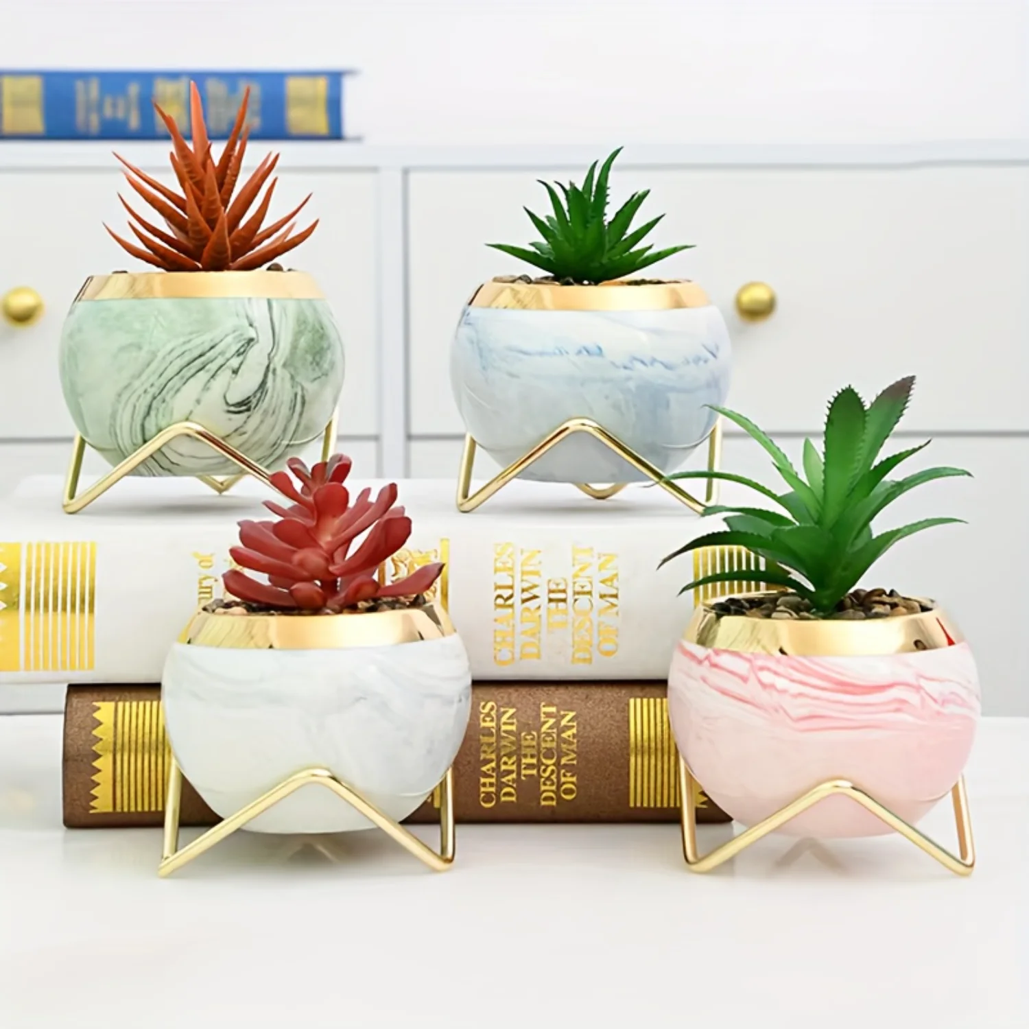 4pcs Nordic Golden Edge Marble Succulent Ceramic Pots with Shelf - Office Desk Garden Gift, Flower Planter with Drainage Hole &