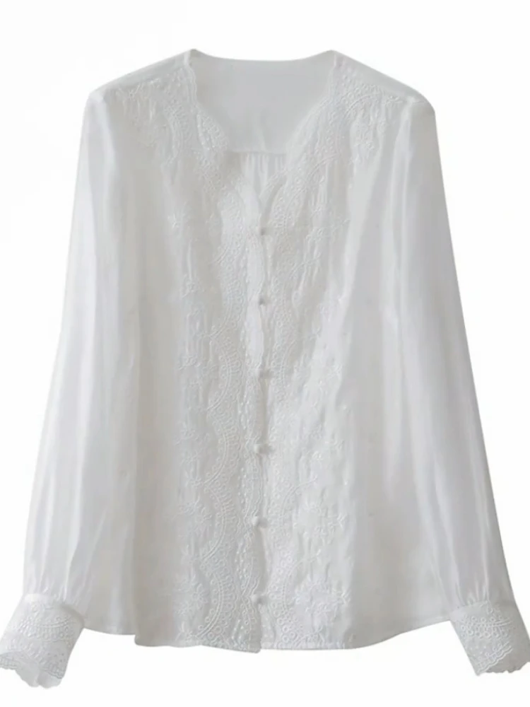 2024 French Embroidery Flower Lace Women\'s Shirt V Neck Sweet Long Sleeve Linen Blouse Autumn Loose Elegant Sunscreen Top 16108