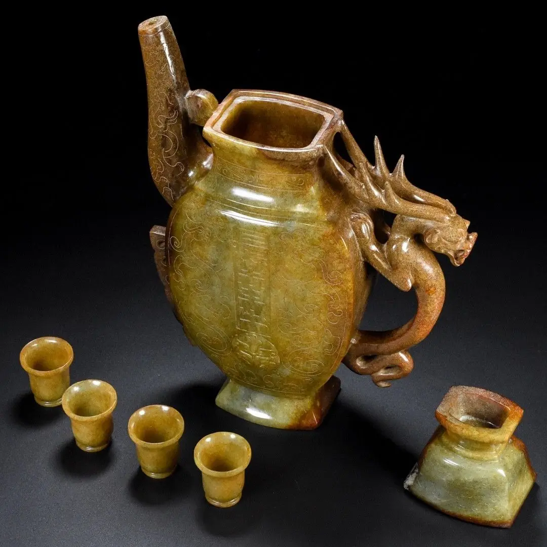 A set of Hetian jade wine jugs, Hetian jade ornaments, antique collection, old jade