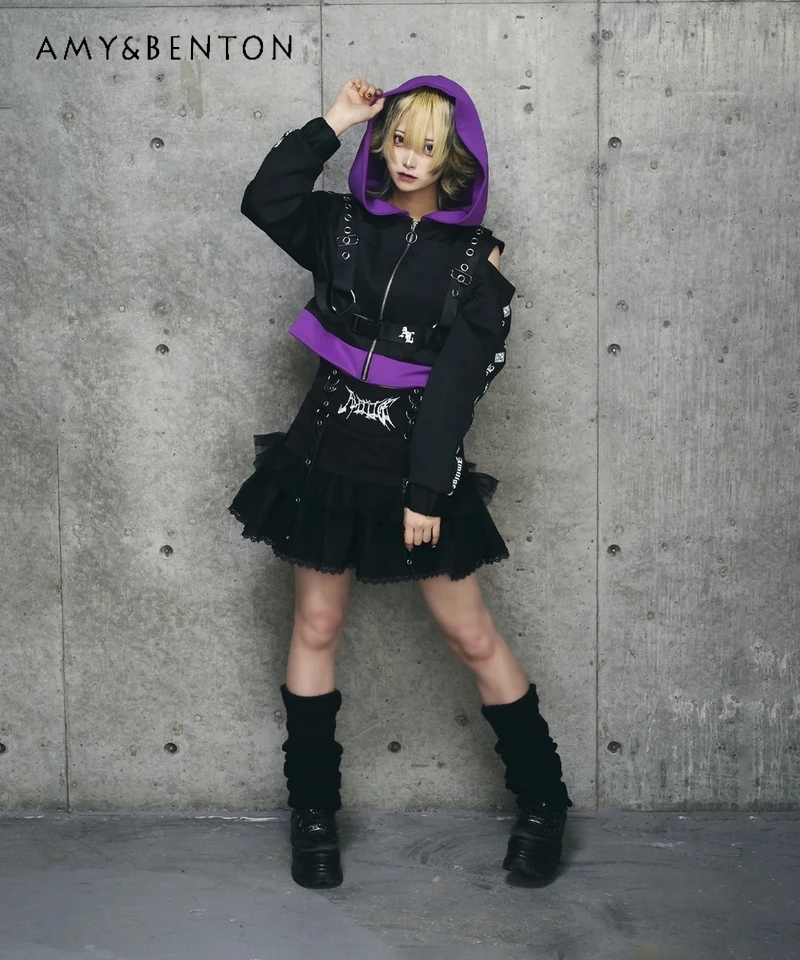 Japanese Harajuku Mine Series Strap Buckle Off-Shoulder Hoodies Women Subculture Gothic Splicing Color Short Sweatshirt Women