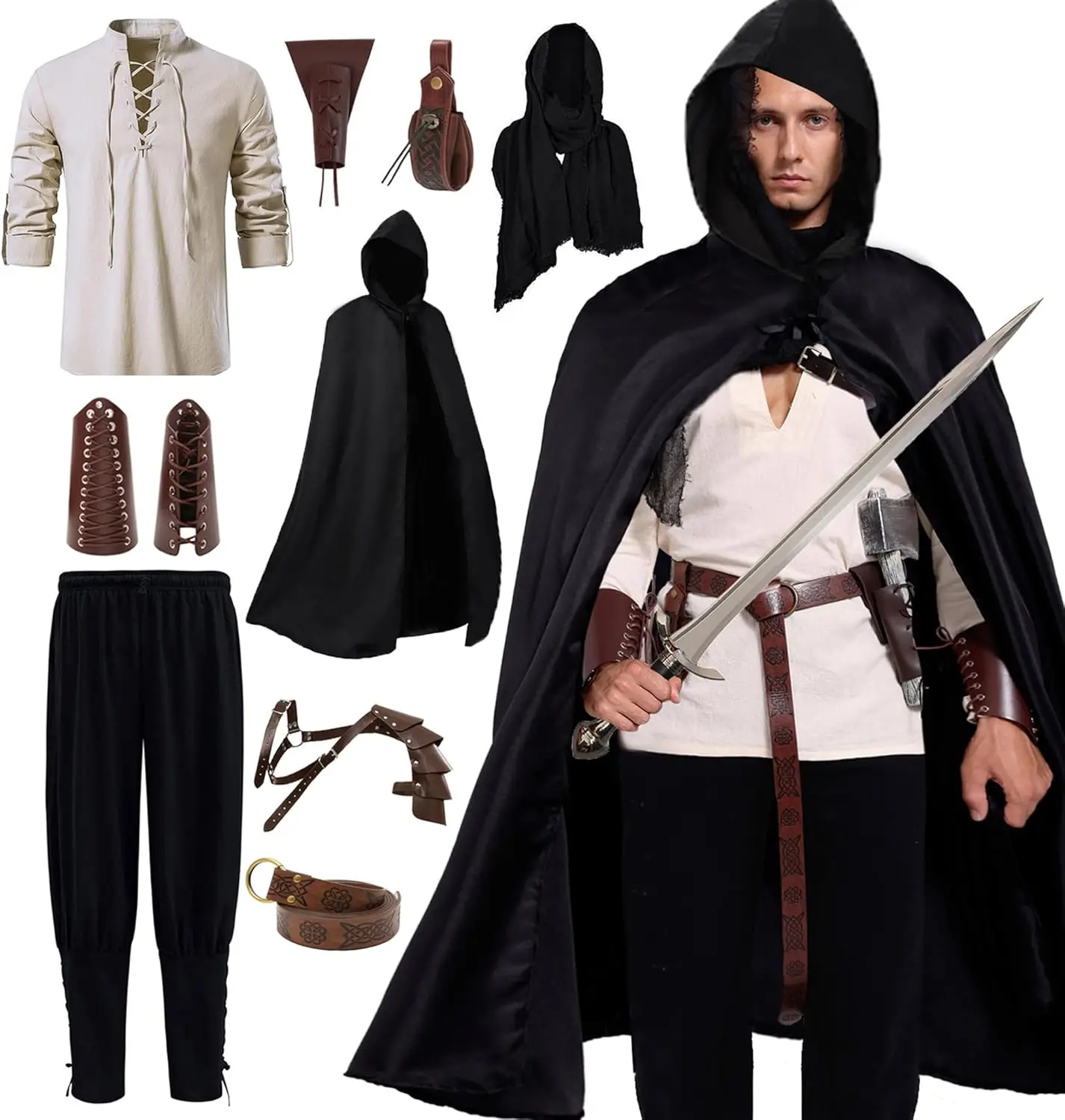 

Akokvlar 10 Pcs Men Renaissance Costume Medieval Pirate Shirt Ankle Banded Pants Viking Outfit Set