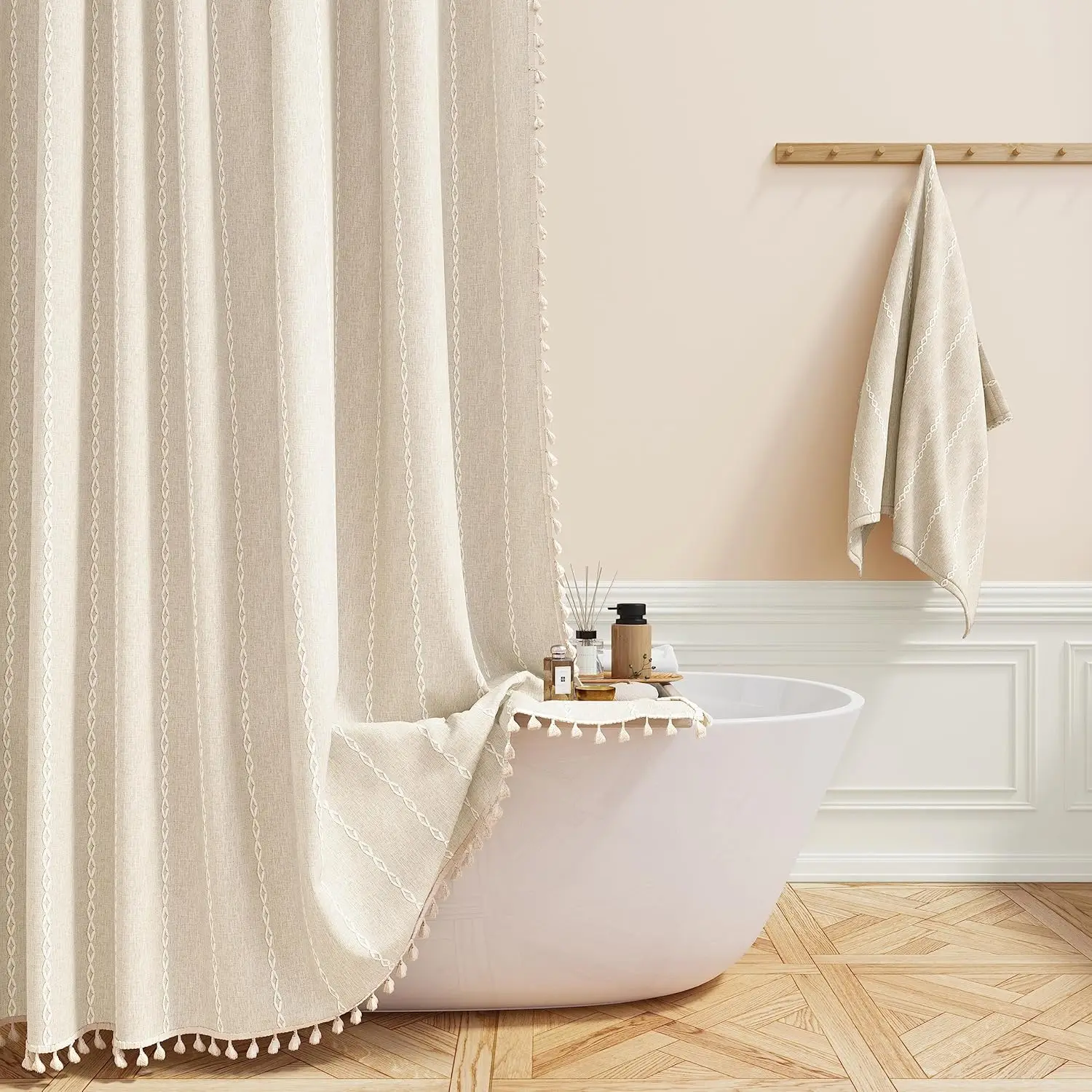 

Rustic Linen Shower Curtain Set with Tassel, Water Repellent Bohemian Vintage Fabric for Bathroom, Cream Beige 72x72