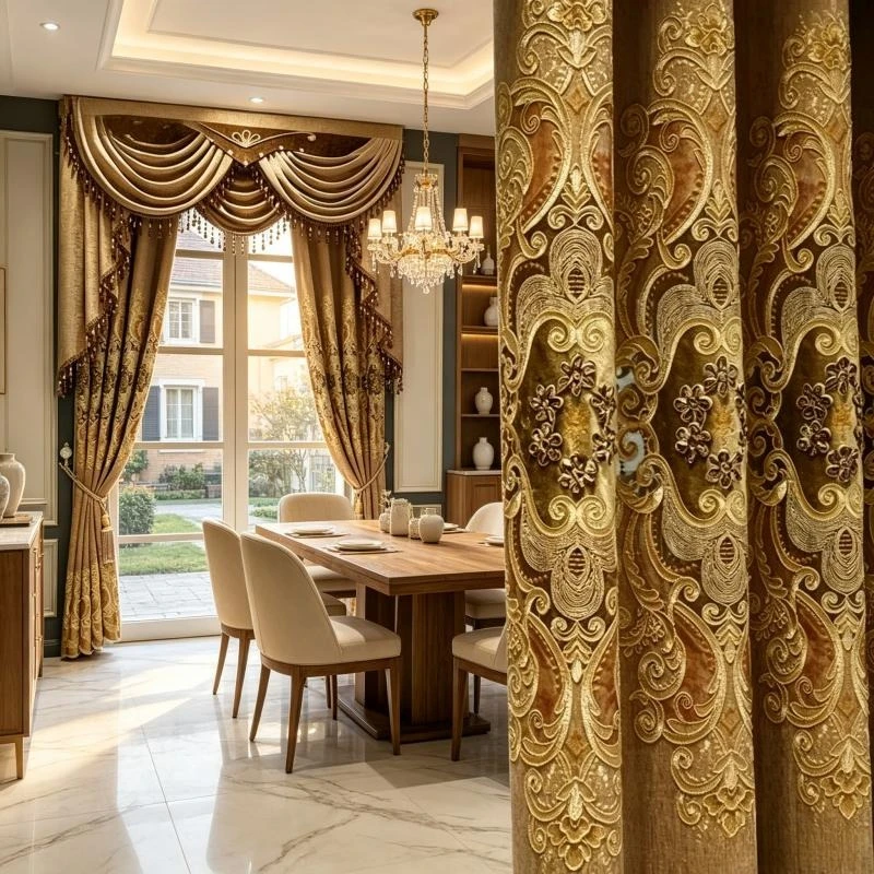 European-style Curtains for Luxury Living Room Upscale Door Chenille Embroidered Coffee Color Bedroom Window Villa Valance