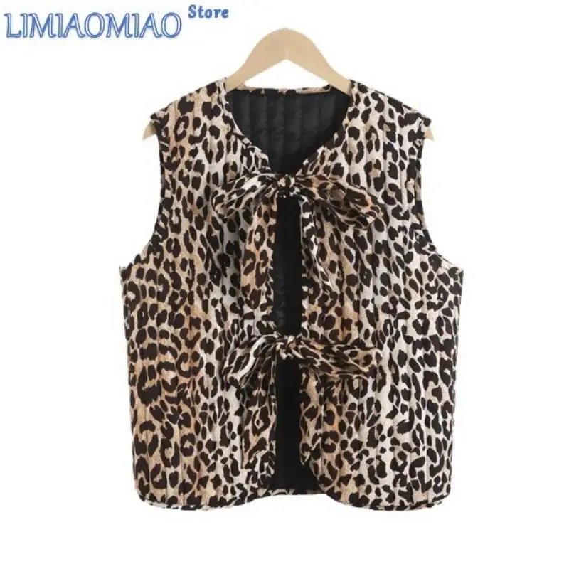 Golf Women Short Jacket Leopard Print Tops Cardigan Lace-ups  Coat Bow Tie Vests Casual Outerwear Chic Clothing Loose