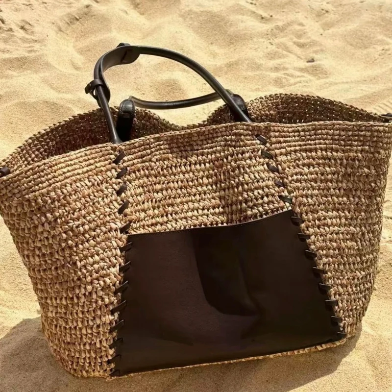 Raffia-Stroh Gewebte Leder-Patchwork-Tragetasche, Damen Große Kapazität Sommer Strand Urlaub Schultertasche, Reise-Pendler-Handtasche – Detail 9
