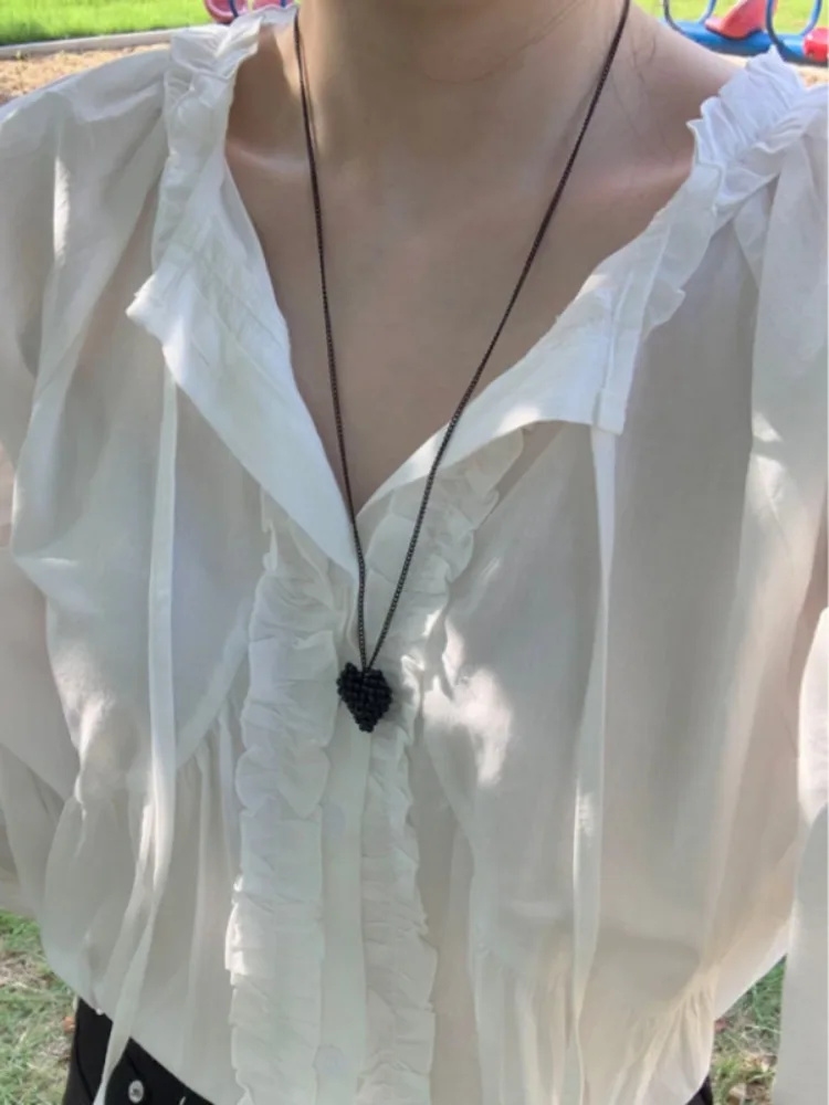 حزام أبيض طويل Sve V-Ne للسيدات irt كوري Sle فضفاض مناسب Fairy T مزين بحزام ربيع الخريف متعدد الاستخدامات شبه منتفخ...